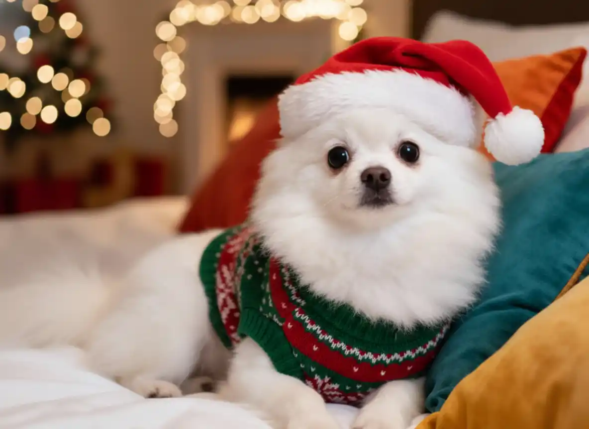 A fluffy white Pomeranian in holiday attire relaxing amid cozy, festive decor and warm lights