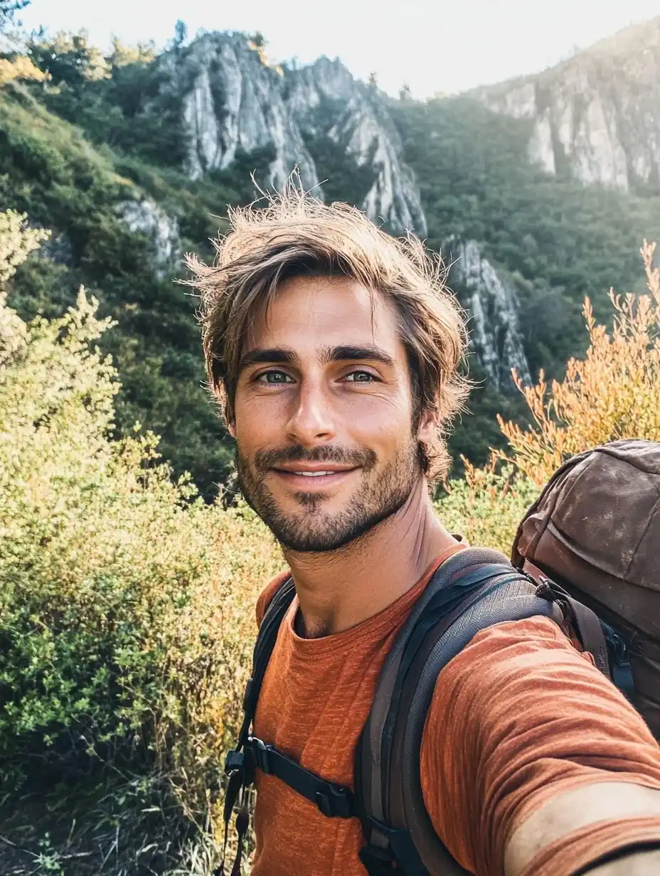 Two Travelers in White: A Golden Hour Portrait Amid Mountain Pines, Cliffside Backdrop, and Warm Sunset Light.