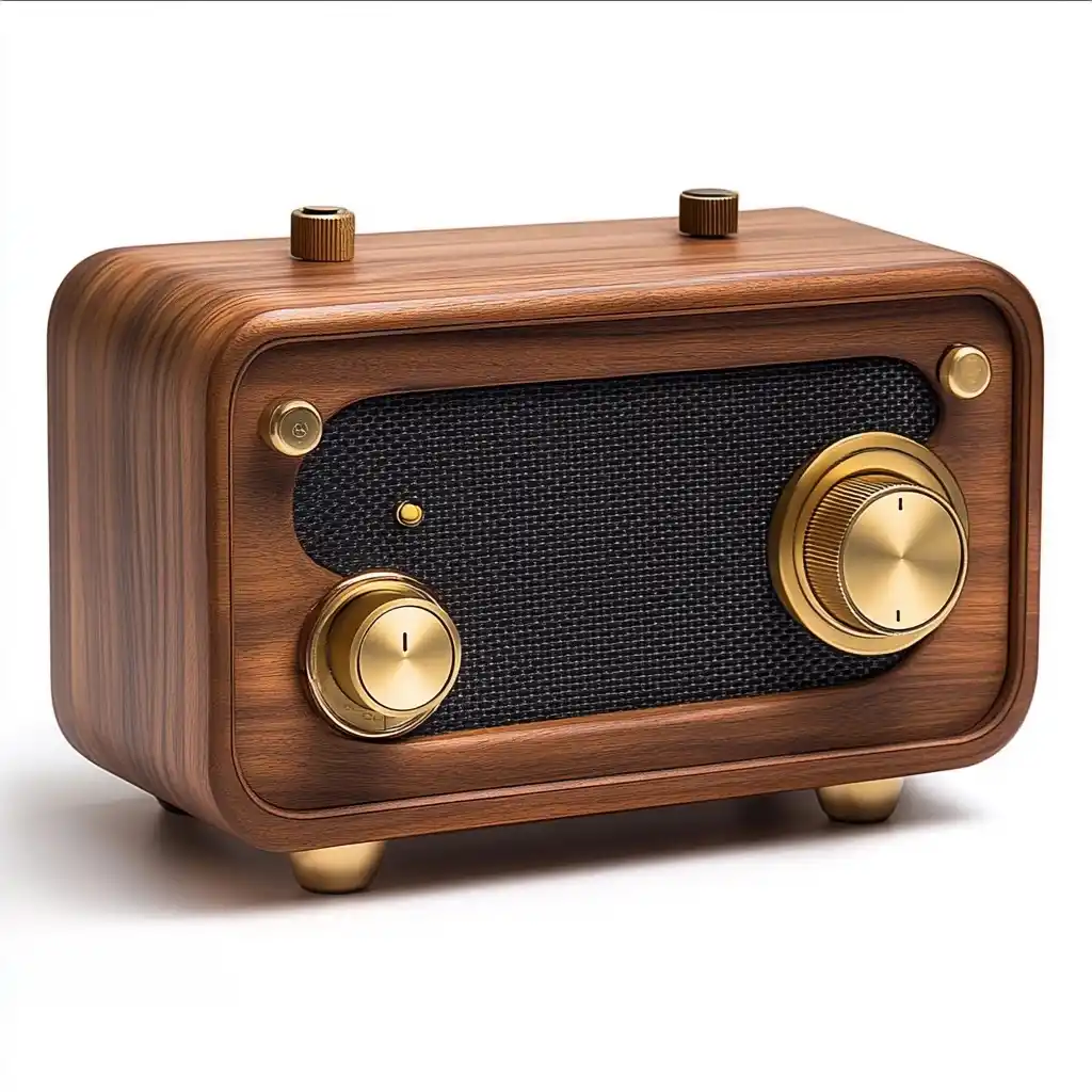 A Vintage Wooden Radio Speaker with Gold Knobs in a Cozy Mid-Century Modern Living Room Setting