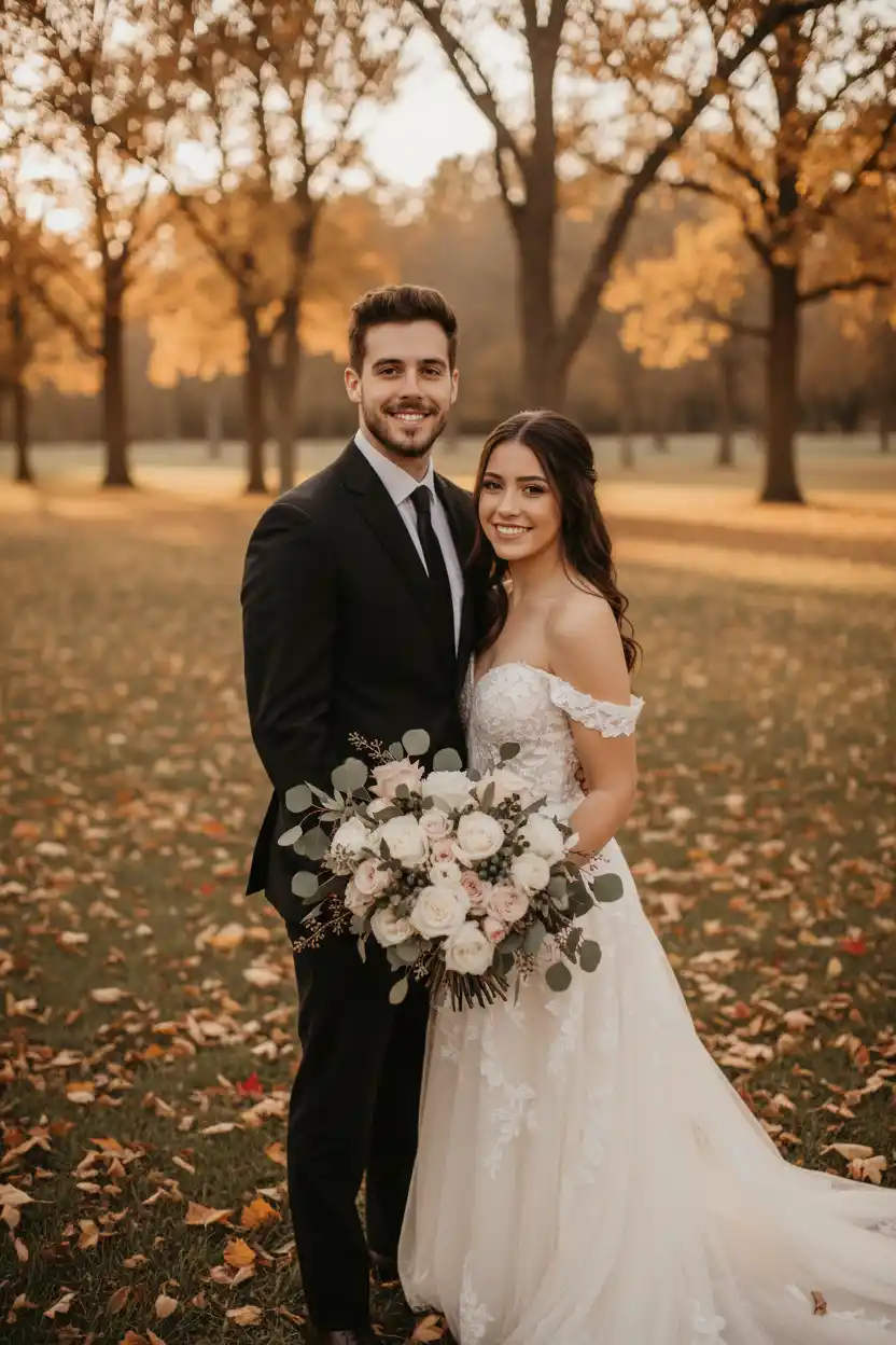 Golden Hour Autumn Wedding Portrait: A Romantic Couple in a Park with Bouquets and Falling Leaves