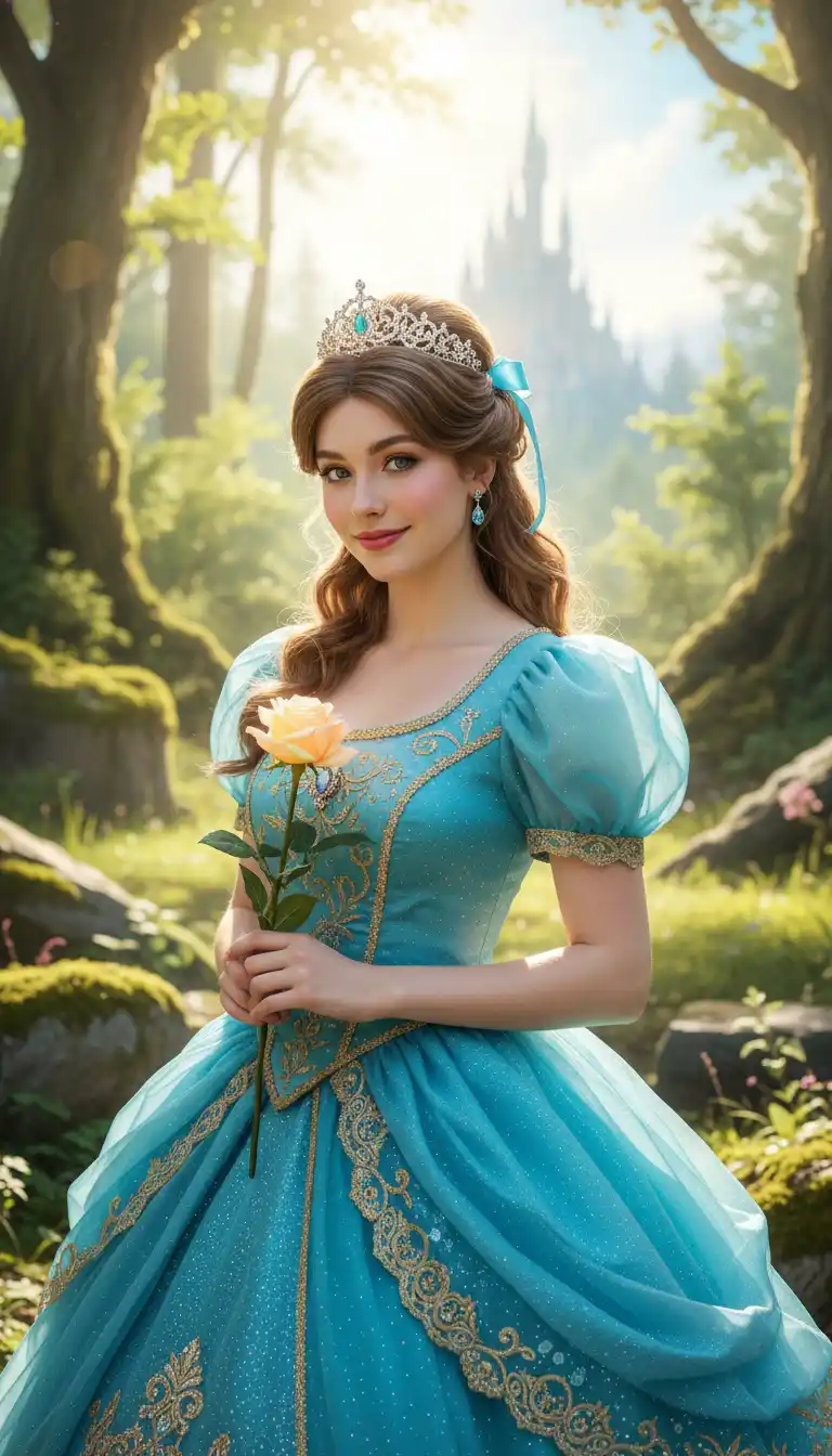 Teal-gowned princess with a yellow rose, crowned by a jeweled tiara, set in a sunlit forest.