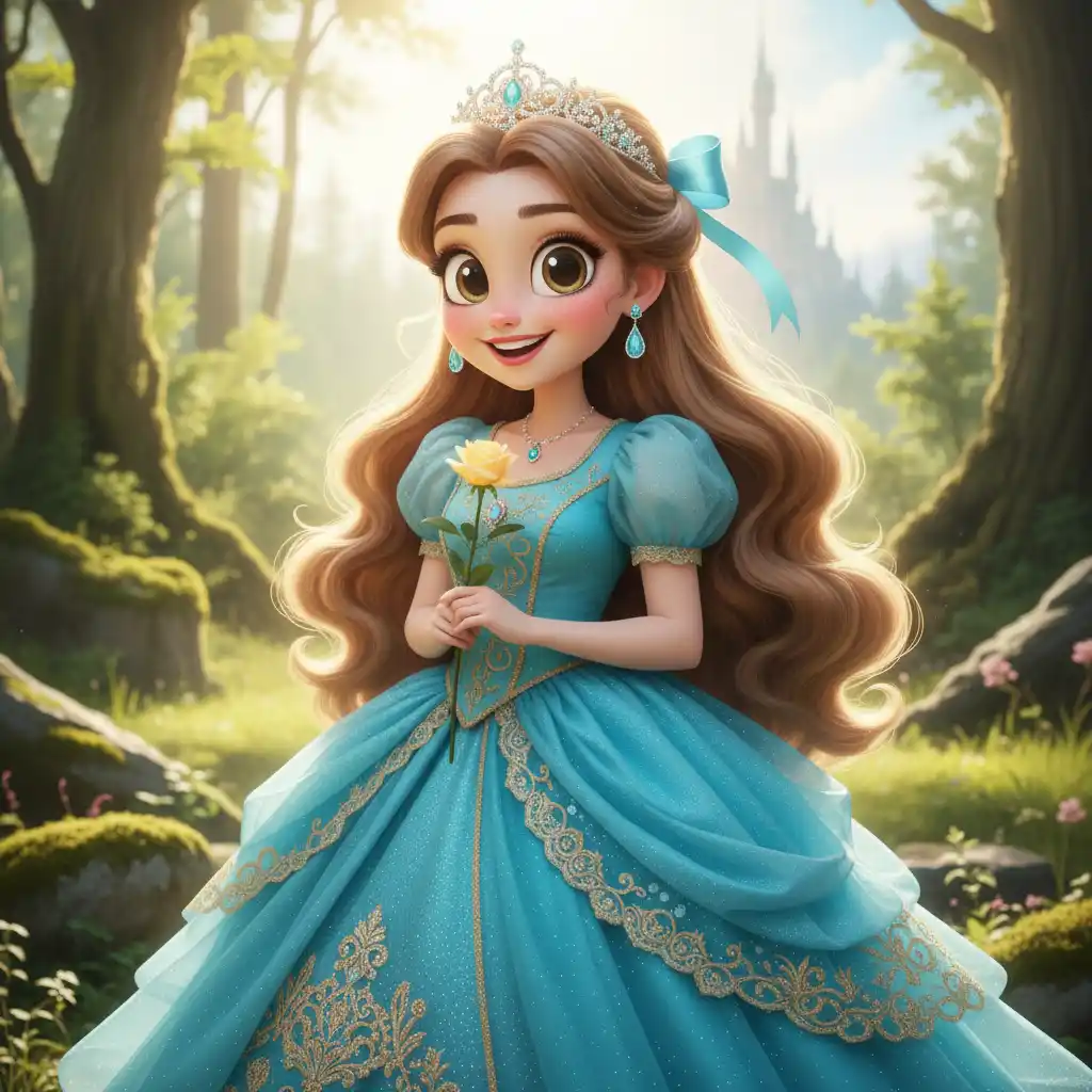Teal-gowned princess with a yellow rose, crowned by a jeweled tiara, set in a sunlit forest.
