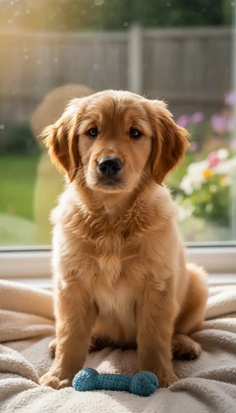 A Friendly Golden Retriever Logo with Bread-Themed Hat and Knit Scarf in Warm Tan Palette