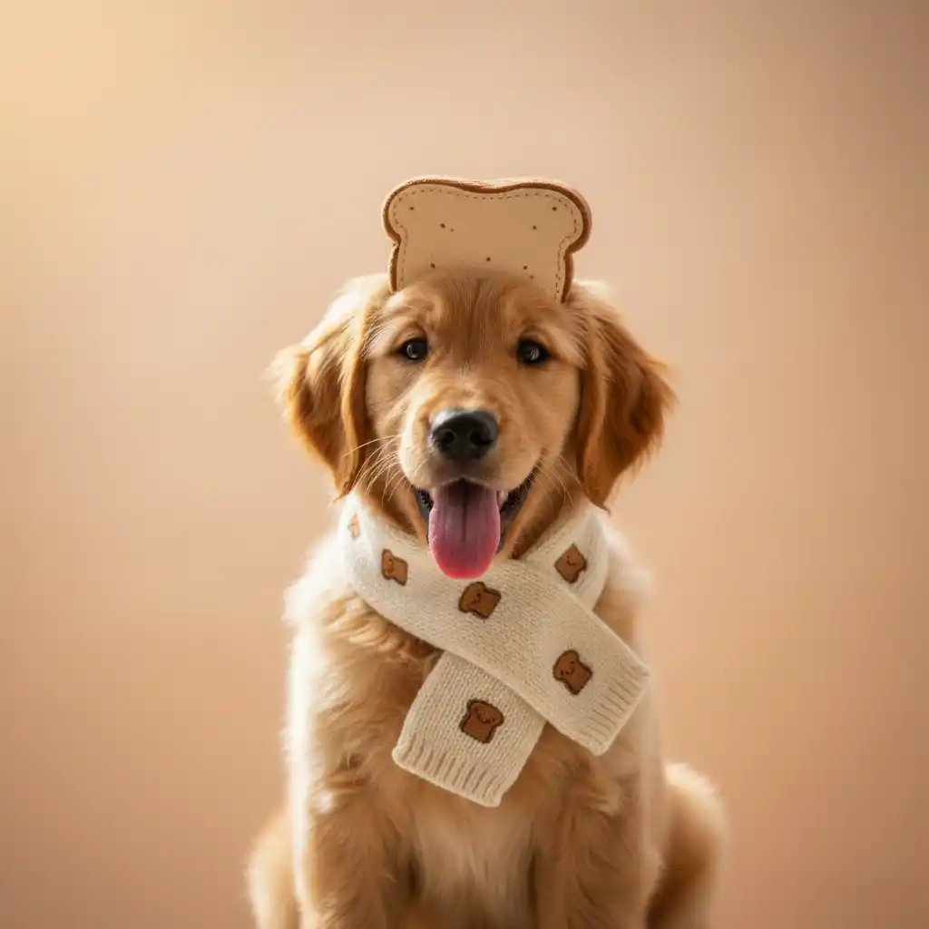 A Friendly Golden Retriever Logo with Bread-Themed Hat and Knit Scarf in Warm Tan Palette