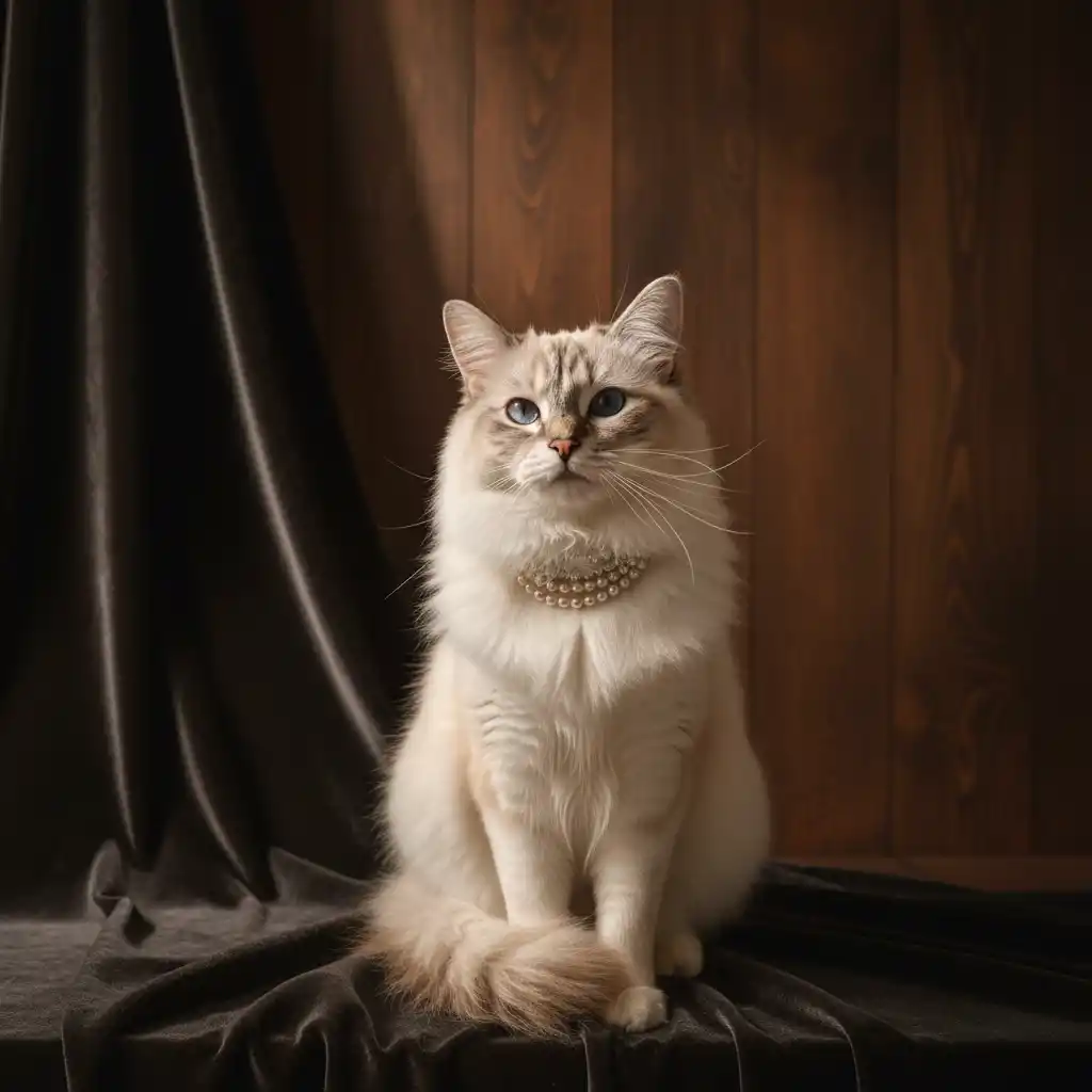 Elegant feline wearing a pearl necklace exudes luxury and refined charm, crafting a premium brand identity.