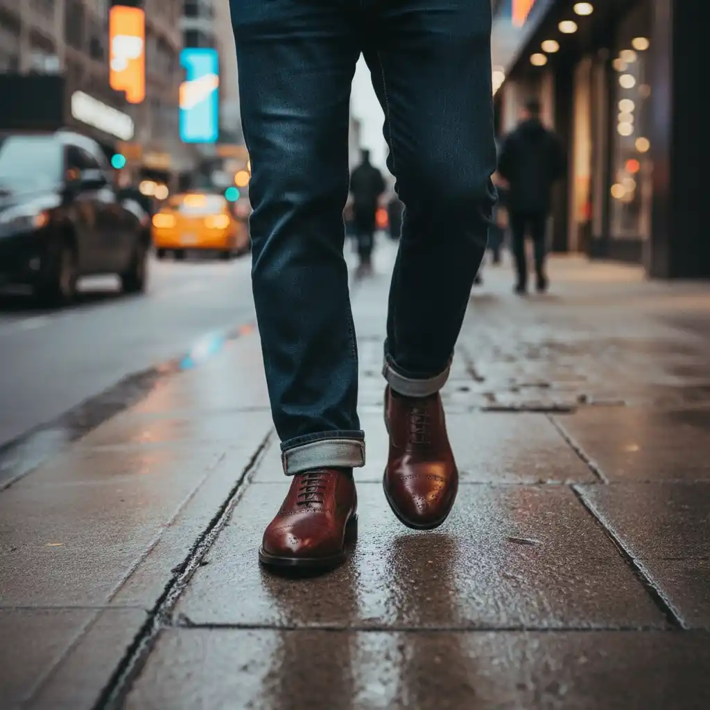 An urban fashion logo featuring burgundy leather oxford silhouette with rain-soaked street texture and bold typography.