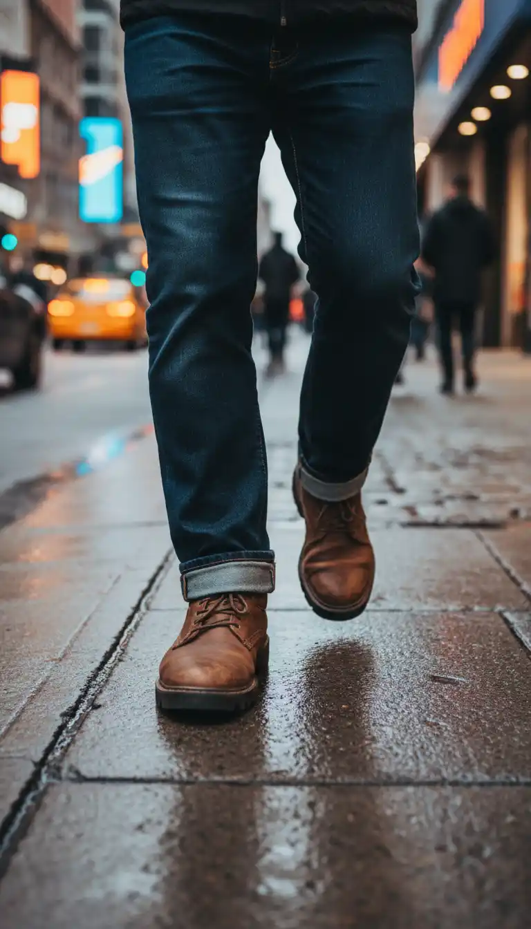 An urban fashion logo featuring burgundy leather oxford silhouette with rain-soaked street texture and bold typography.