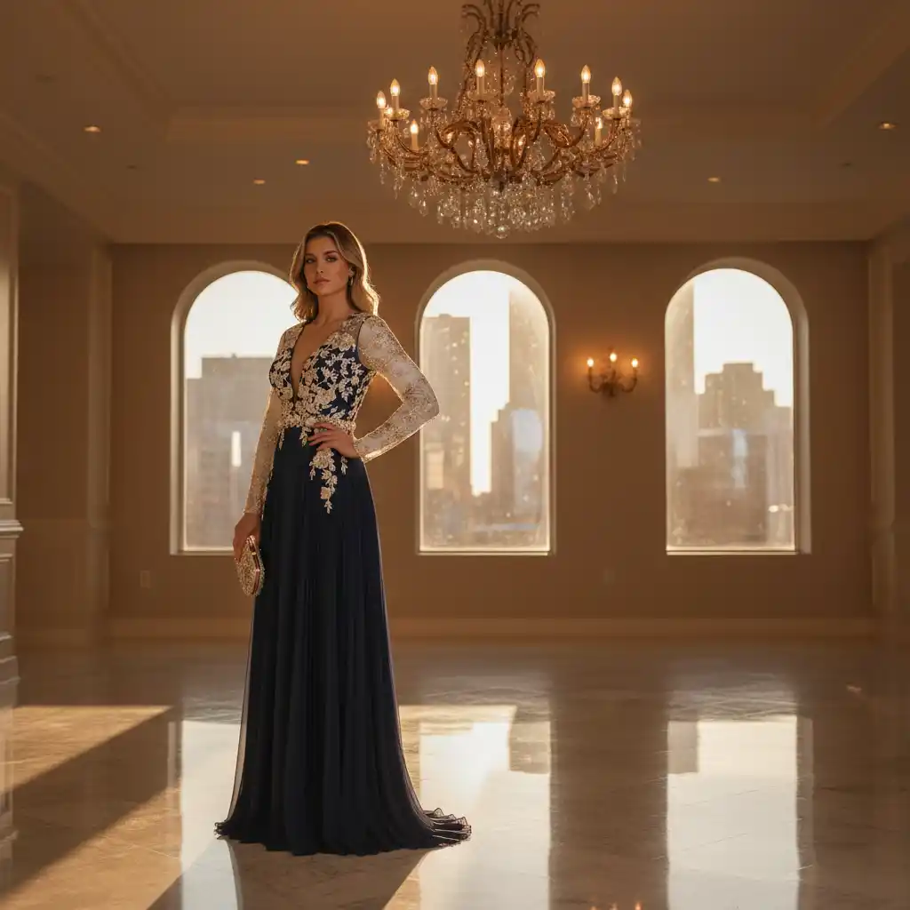 A luxurious logo capturing a navy lace gown silhouette beneath a chandelier, framed by arched windows and warm golden light.