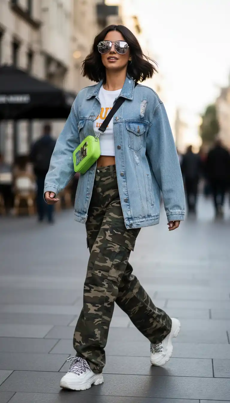 Neon Lime Crossbody Logo: A bold streetwear identity blending denim, camouflage, and modern typography for apparel and accessories.