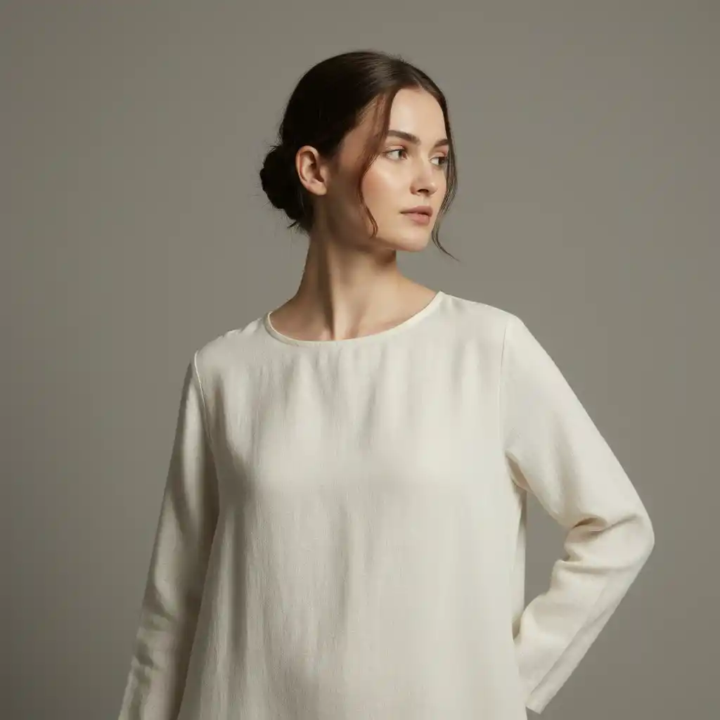 A minimalist portrait-inspired logo in warm cream tones with a calm, confident pose for a modern fashion or lifestyle brand.