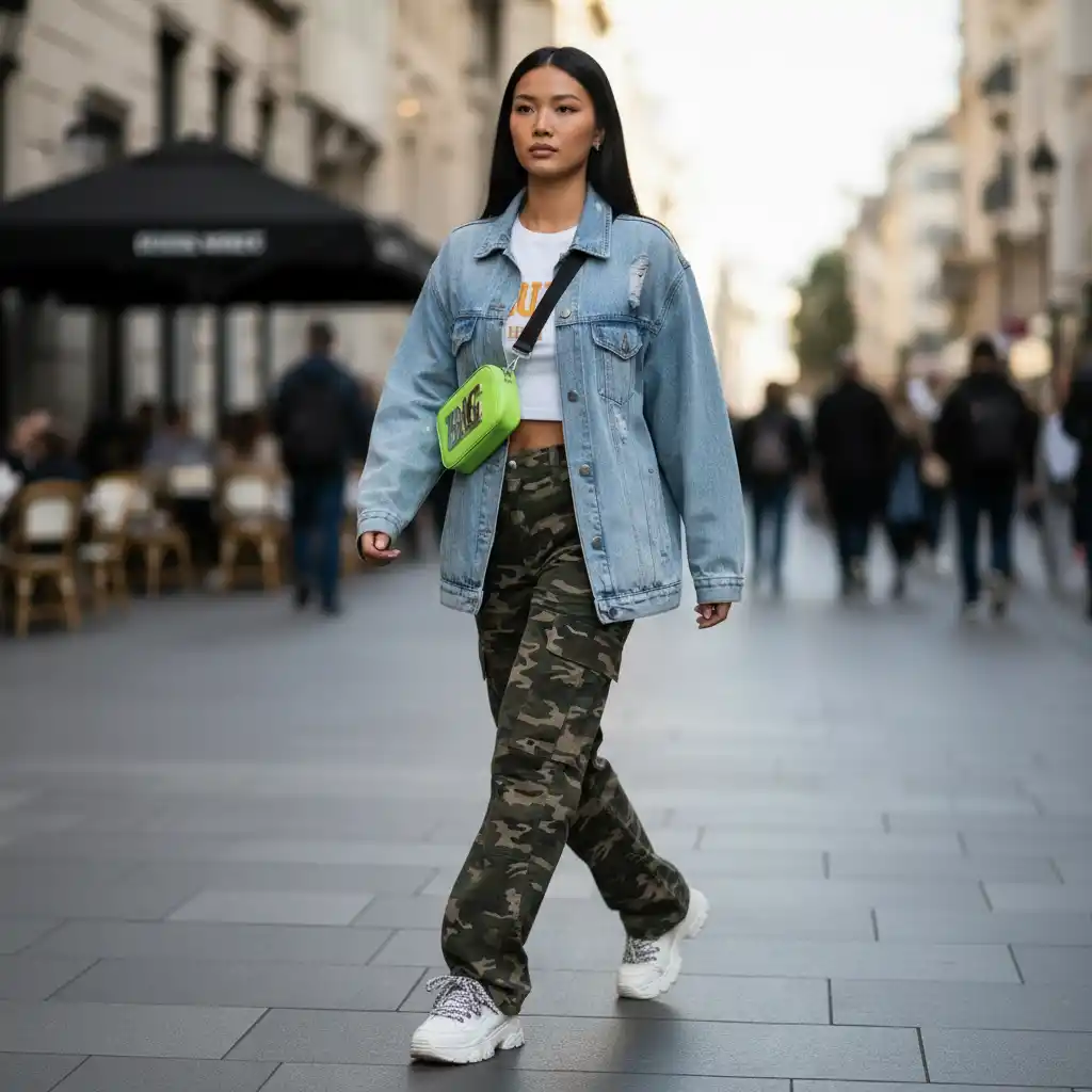 Neon Lime Crossbody Logo: A bold streetwear identity blending denim, camouflage, and modern typography for apparel and accessories.