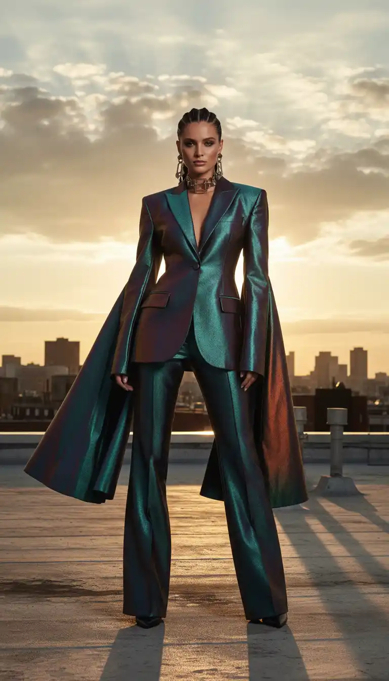 Bold iridescent cape suit silhouette for a premium fashion brand, radiating power, elegance, and futuristic luxury.