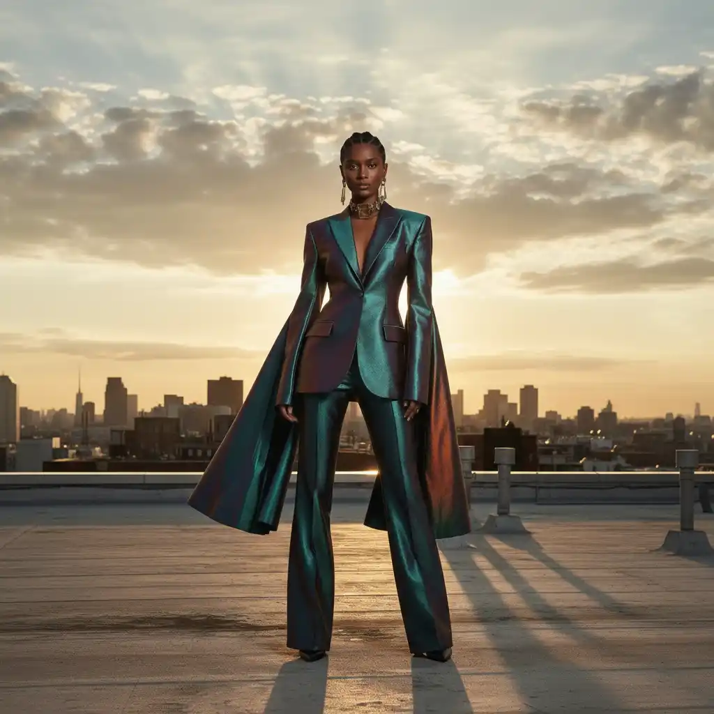 Bold iridescent cape suit silhouette for a premium fashion brand, radiating power, elegance, and futuristic luxury.