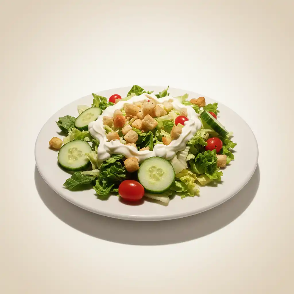 A photorealistic salad emblem on a white plate with greens, cucumber, tomatoes, croutons, and a creamy swirl.