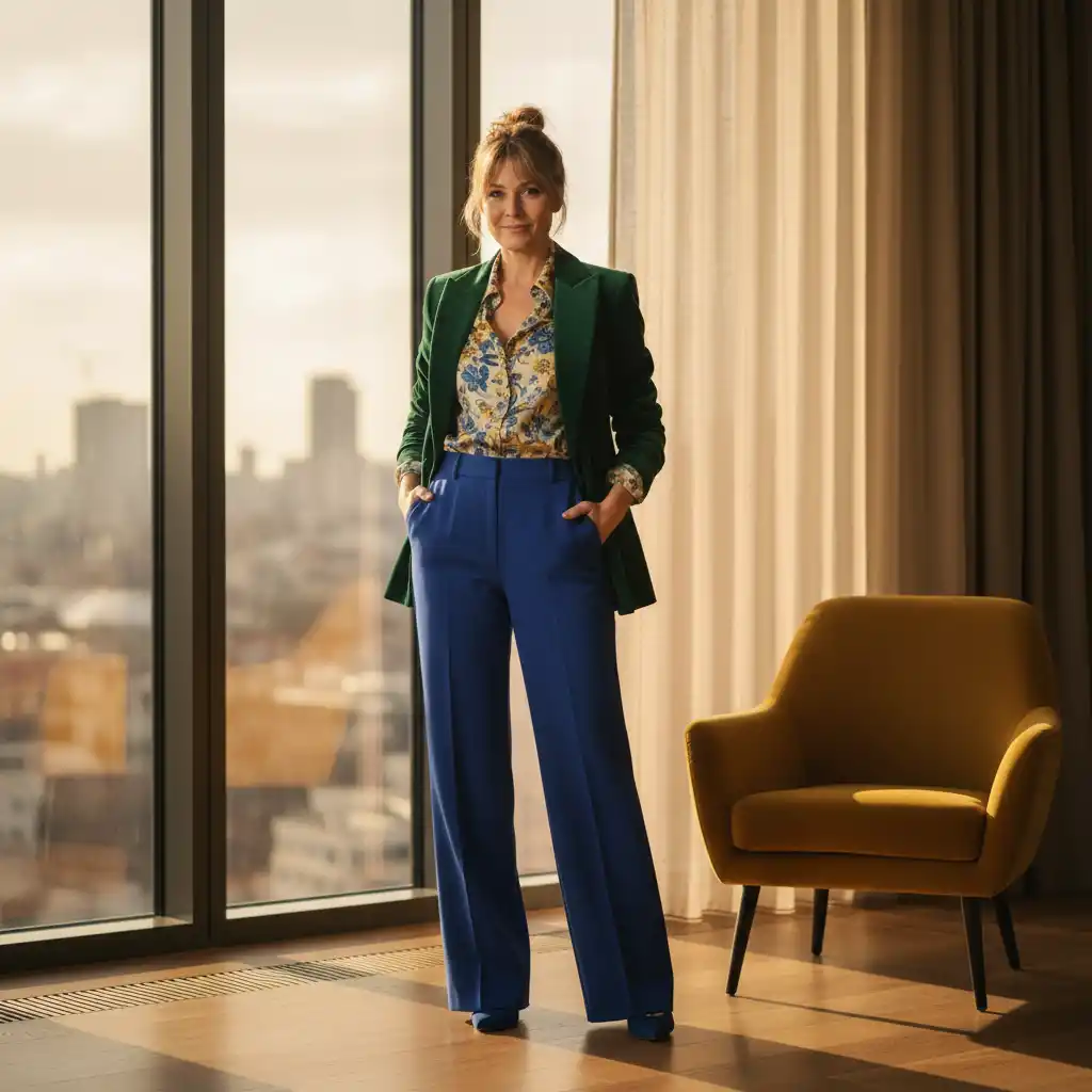 A modern, fashion-forward logo featuring a confident female figure in bold green and blue, set against an urban skyline.