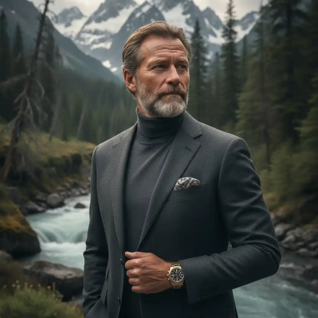Timeless rugged elegance blending mountains, nature, and refined menswear symbolism for premium outdoor lifestyle brands.