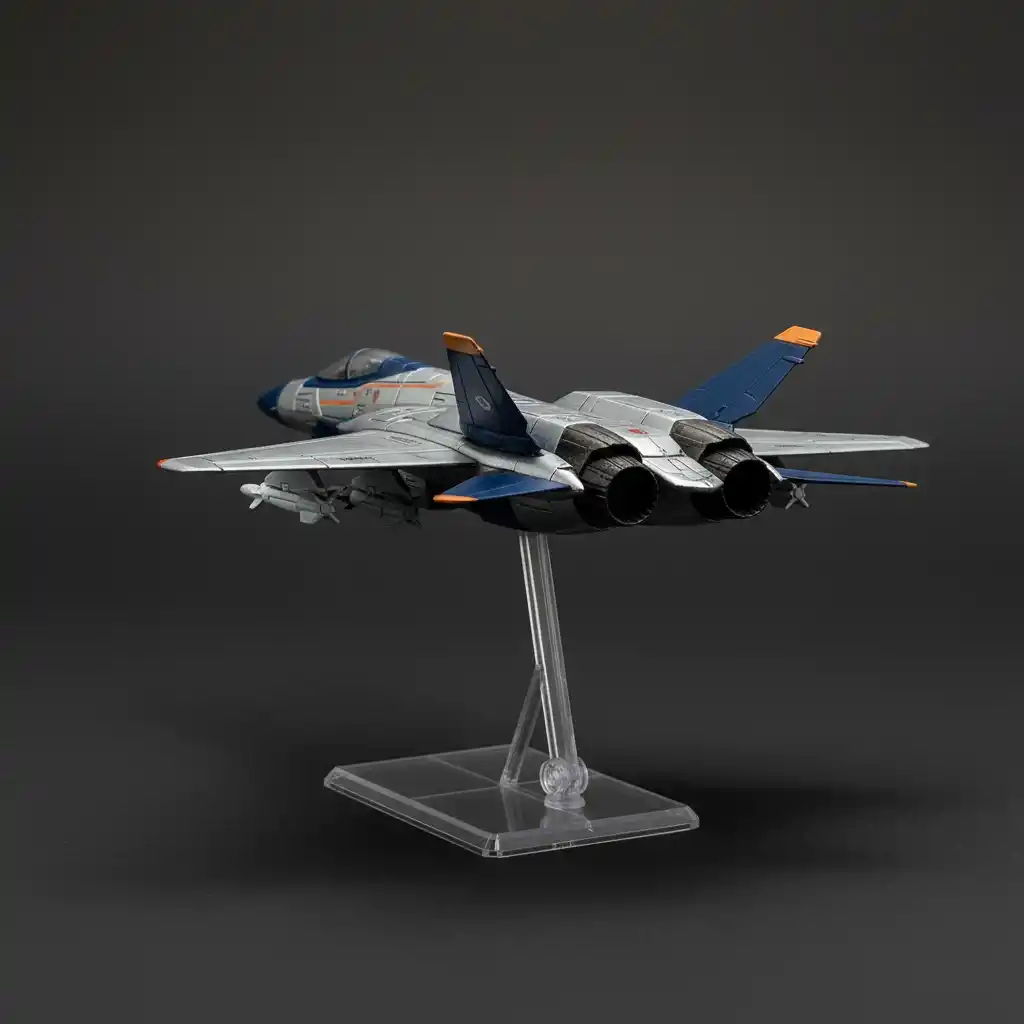 A modern fighter-jet emblem blending metallic chrome with blue and orange accents for a high-tech aerospace brand.