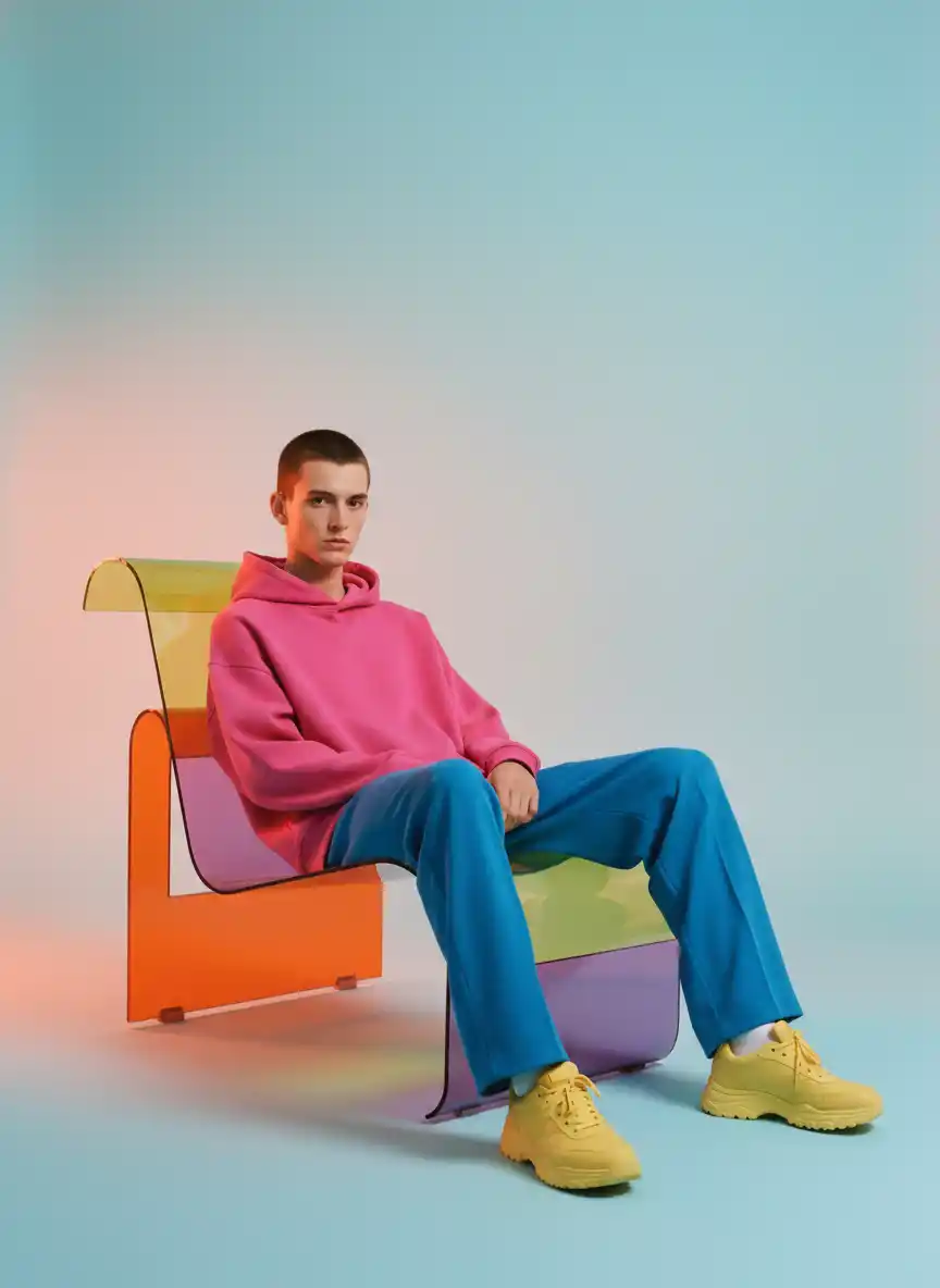 A vibrant, contemporary identity blending translucent rainbow forms with bold fashion colors to evoke energy, creativity, and approachable luxury.