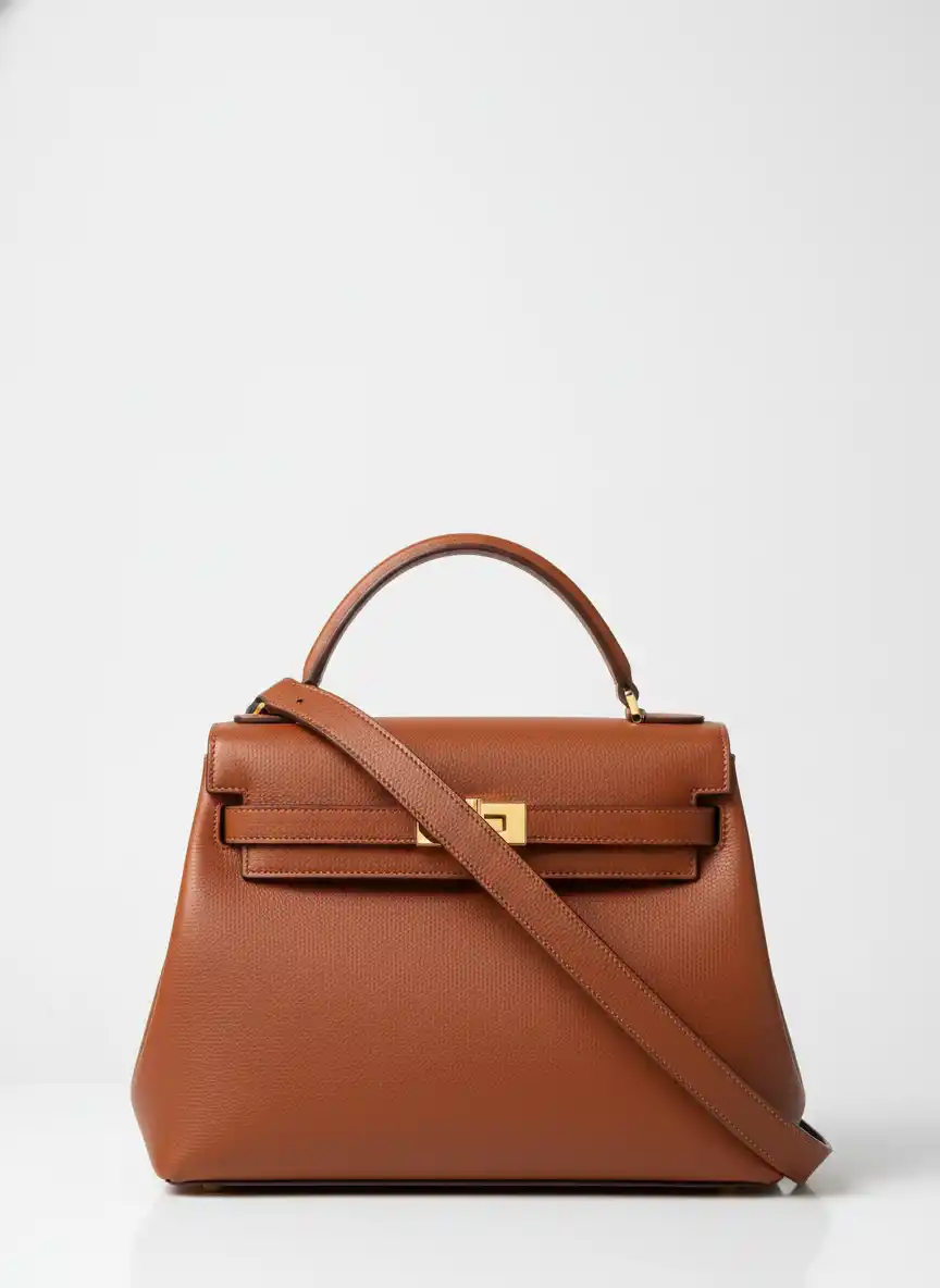 Timeless Chestnut Satchel: A premium leather logo inspired by classic structured handbags with gold hardware.