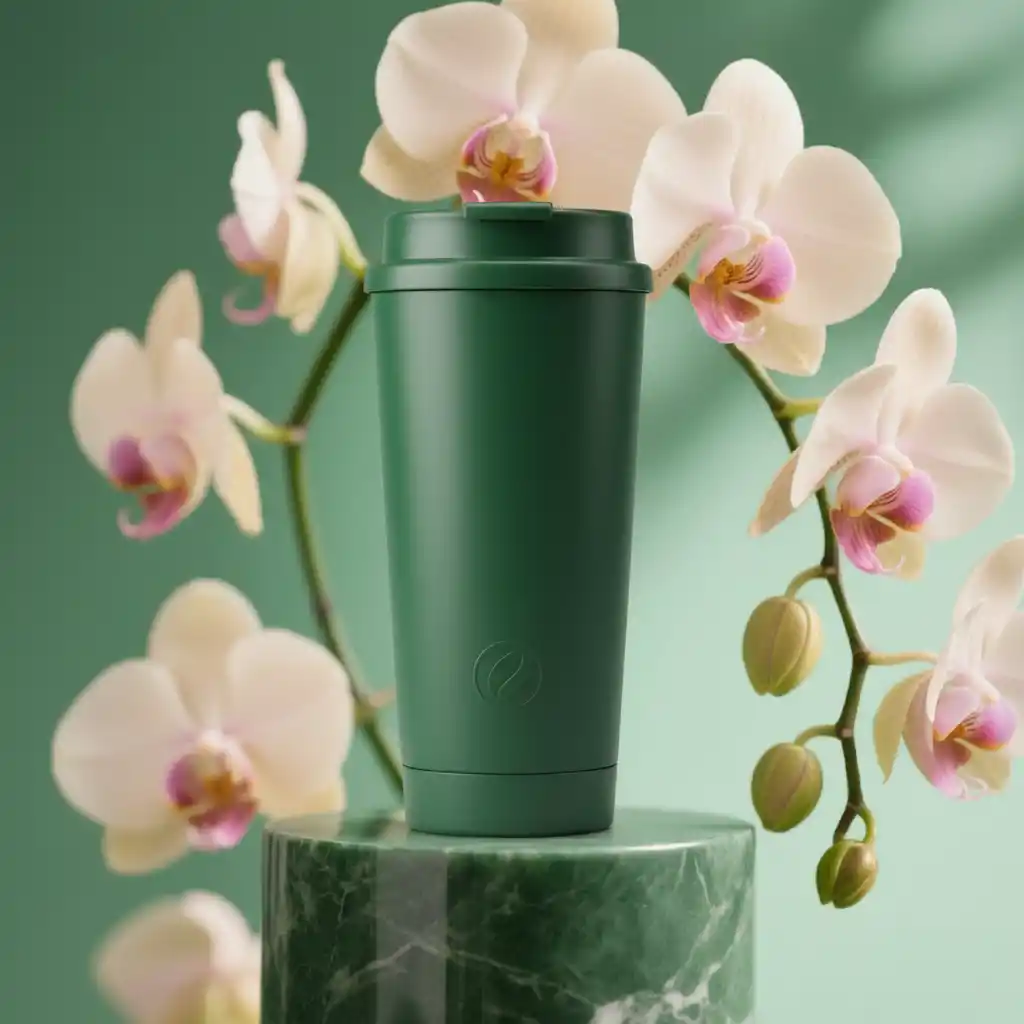 A premium eco-friendly tumbler logo in forest greens, paired with orchid-inspired elegance and a subtle embossed emblem.