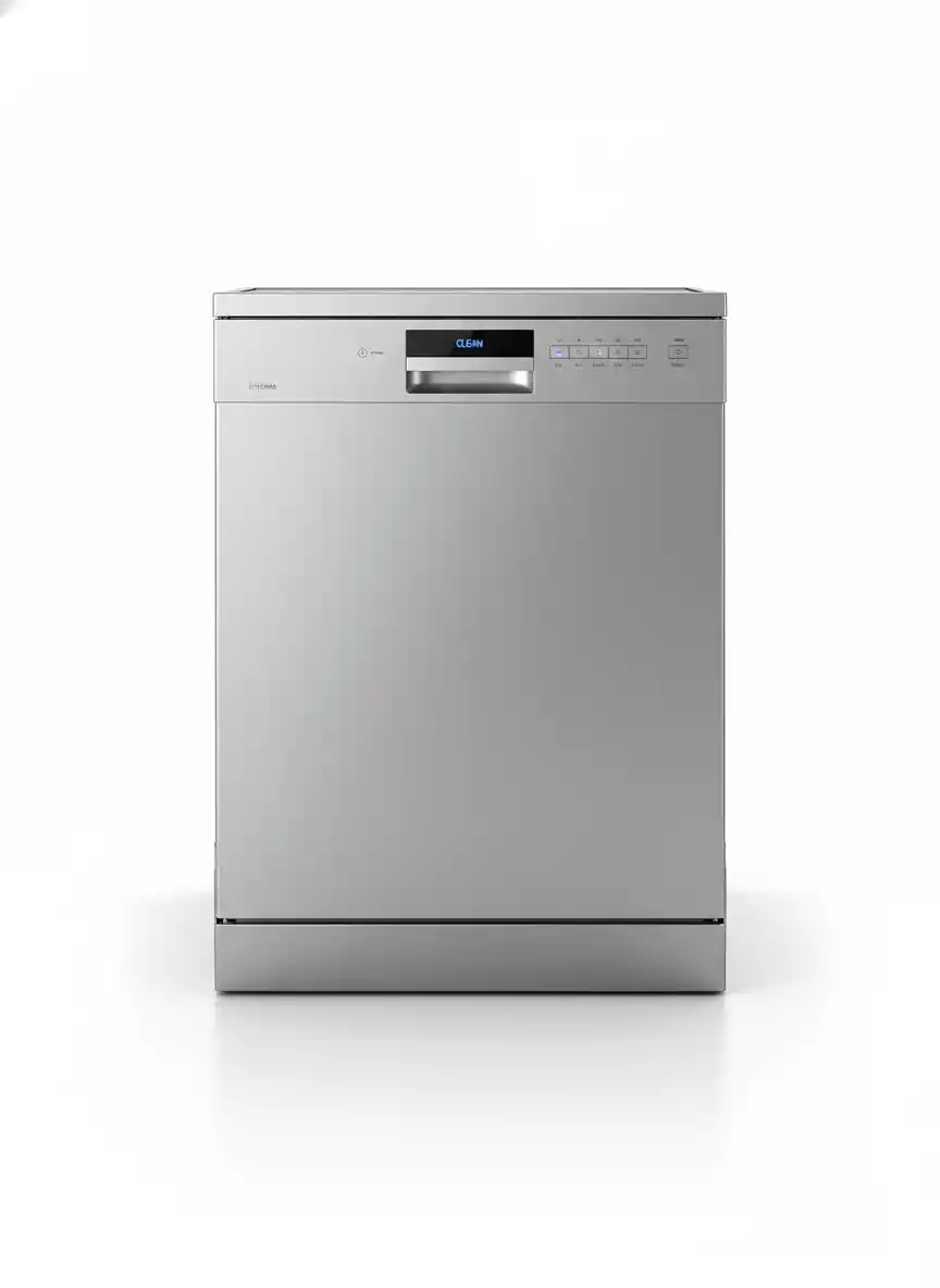 Minimalist open-dishwasher emblem with plates, conveying cleanliness, efficiency, and contemporary home living for modern appliances brands and kitchen startups.