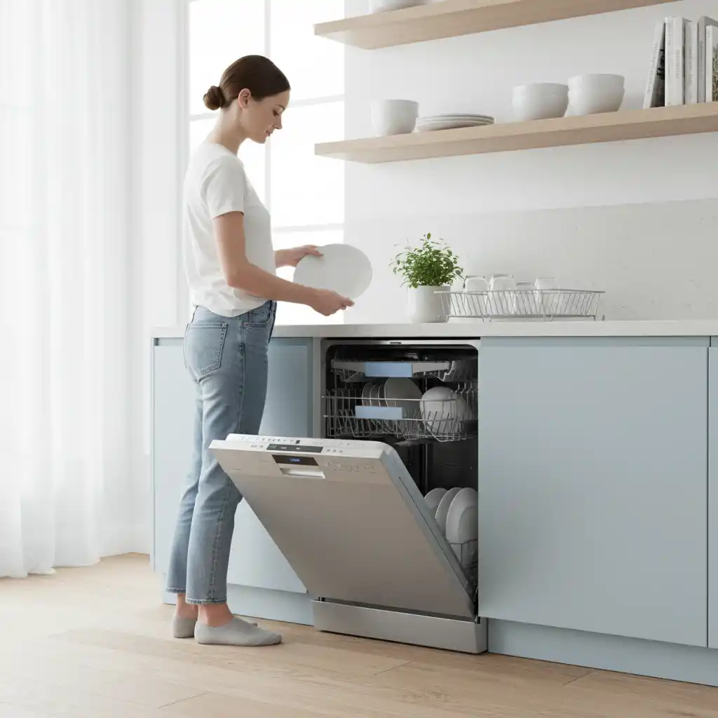 Minimalist open-dishwasher emblem with plates, conveying cleanliness, efficiency, and contemporary home living for modern appliances brands and kitchen startups.
