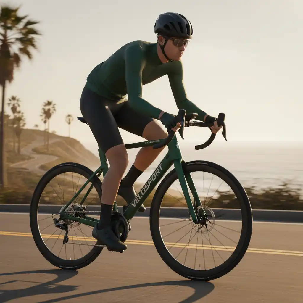 Sleek teal road-bike emblem capturing speed and coastal spirit for a modern cycling brand with bold typography and vector clarity.