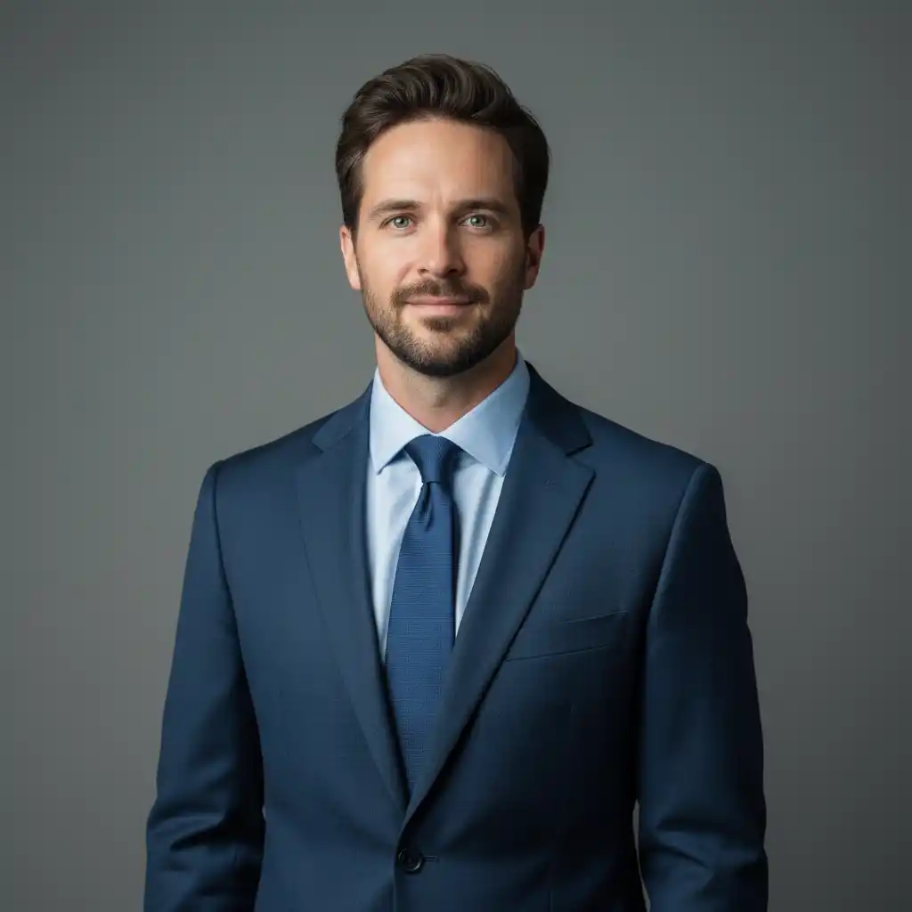 Professional blue crest logo inspired by a sharp suit silhouette for finance and consulting brands.