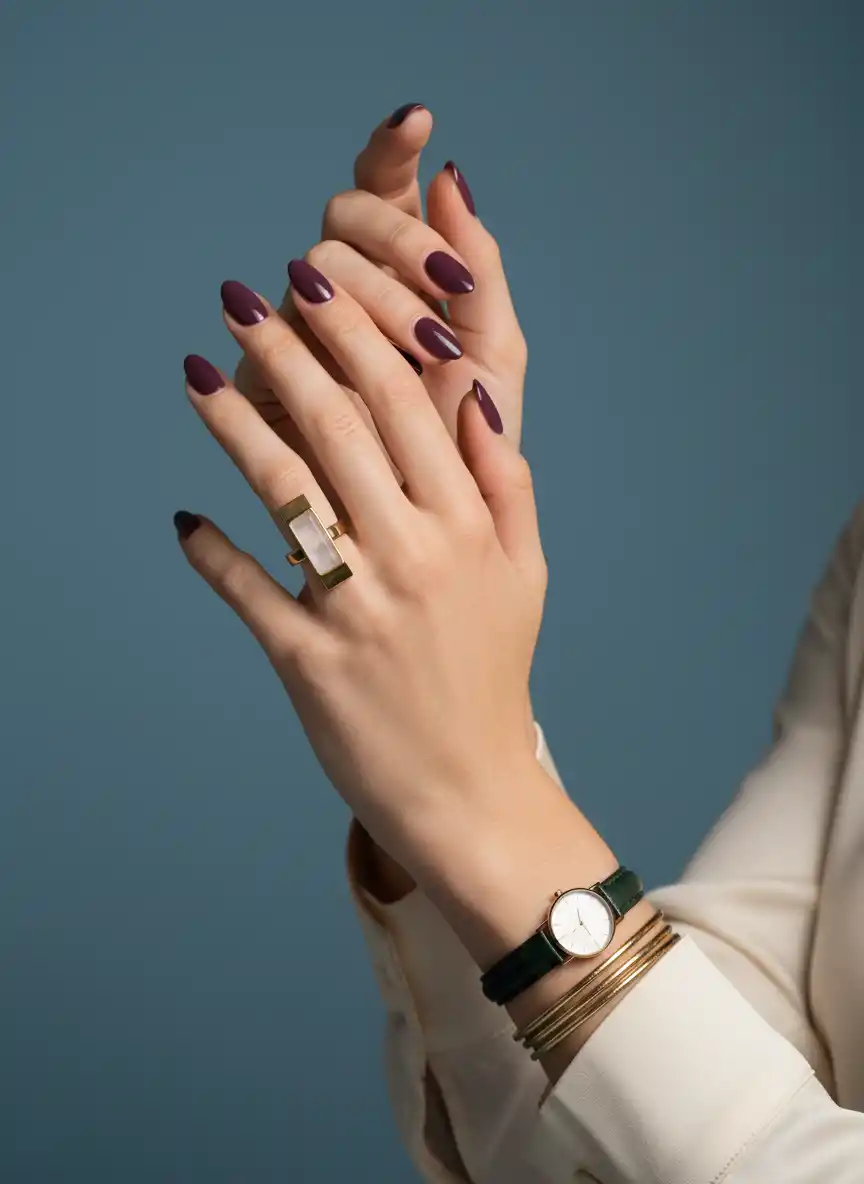 Elegant hands motif for a luxury jewelry brand showing plum nails, a diamond ring, and a green leather watch