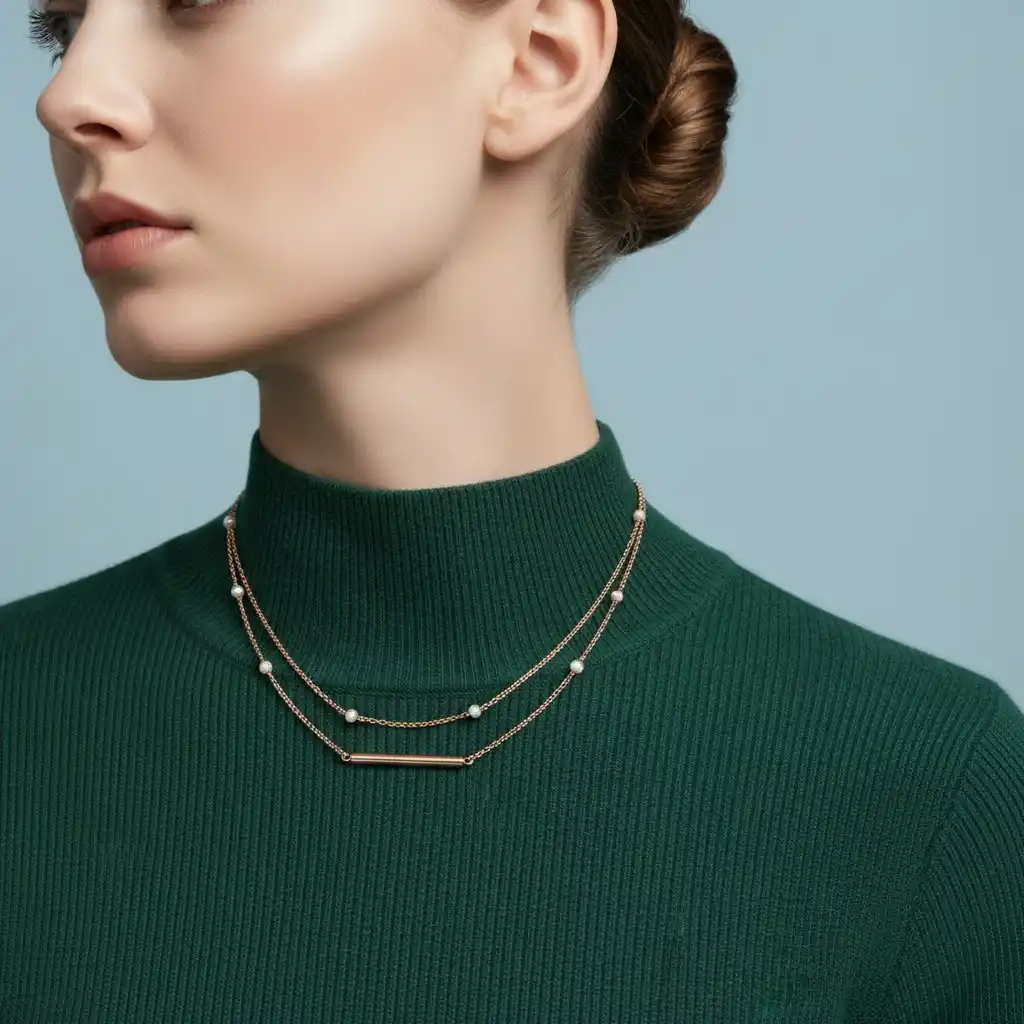 A refined, layered gold chain logo with pearls and a slim bar pendant for timeless luxury branding.