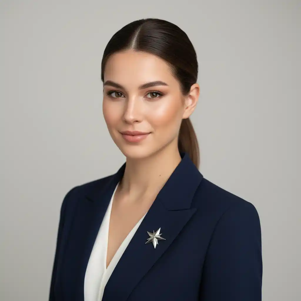 An elegant navy corporate logo featuring a silver eight-point starburst emblem on a refined blazer motif.
