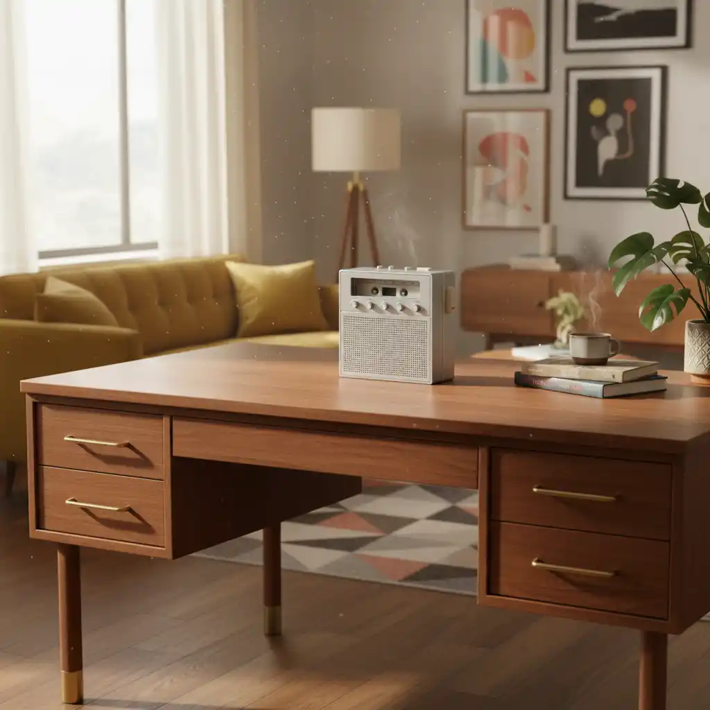 A clean, vintage-inspired radio emblem capturing warmth and craftsmanship for contemporary brand identities and nostalgia.