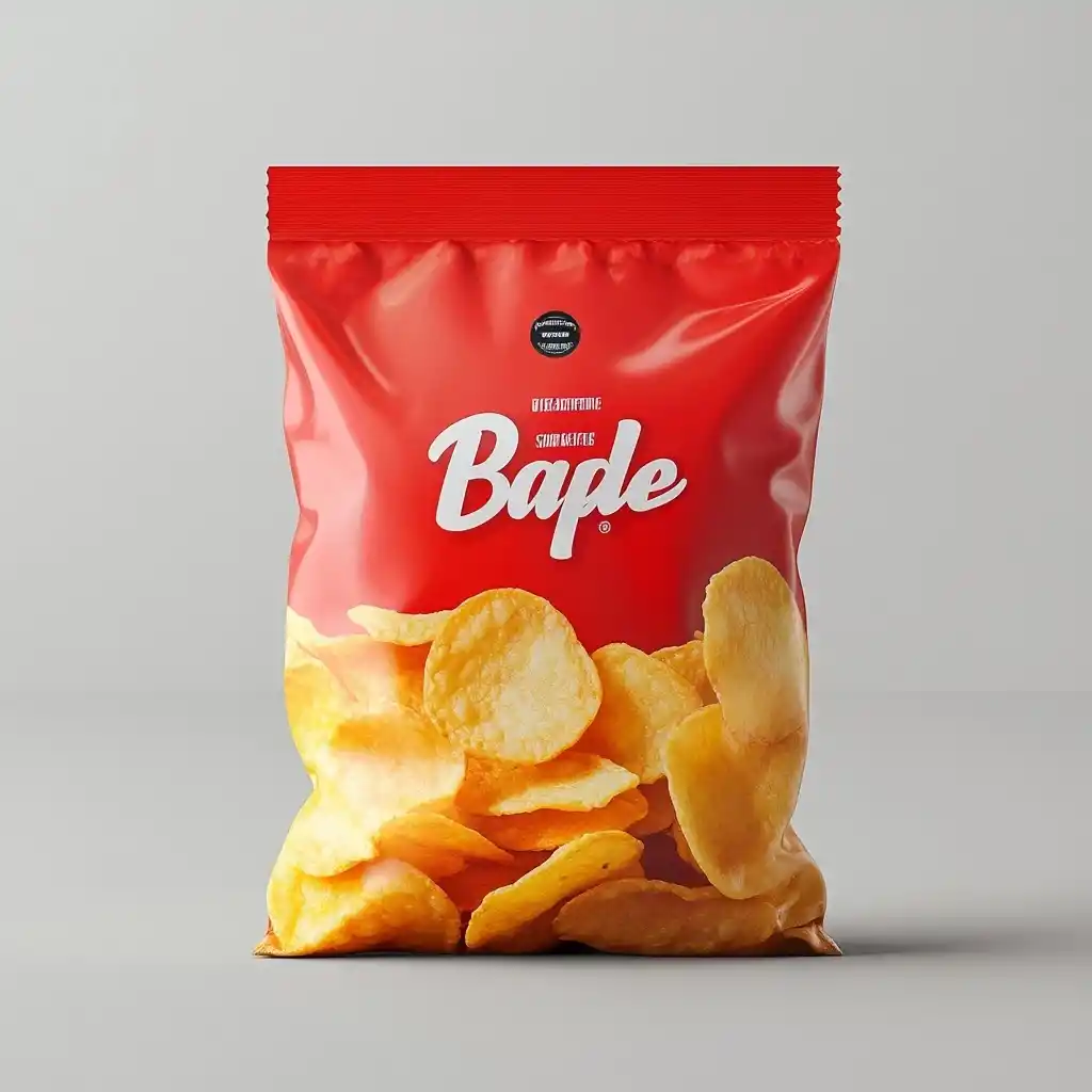A pack of puffed potato chips on a simple red retro desktop, user snack product advertisement image