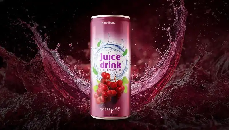 Can grape juice beverage is used for beverage product advertising in front of a deep purple juice background