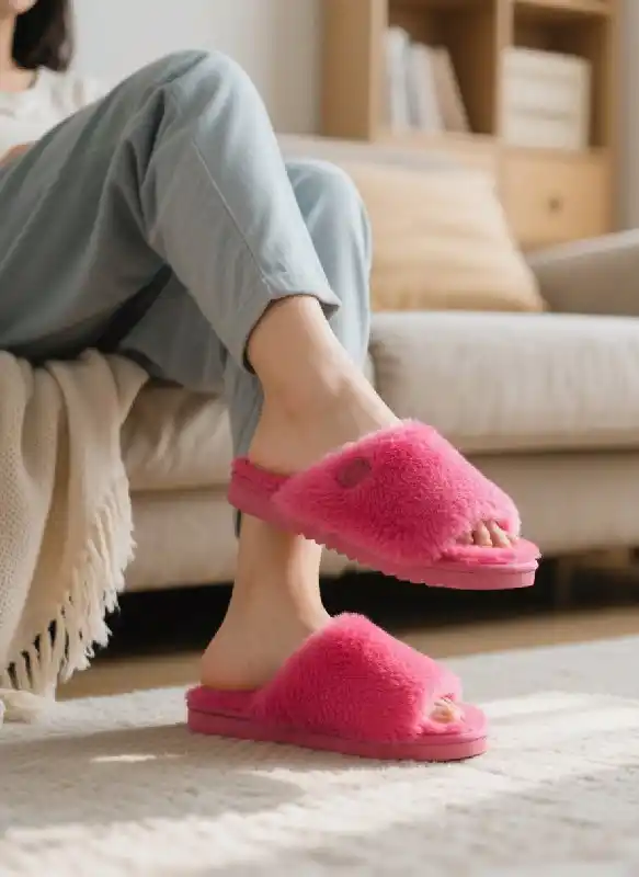 Women's rose pink thick soled plush slippers, home slipper product renderings