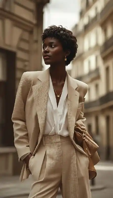 A fashionable African American woman with curly hair wearing a suit, used for showcasing trendy outfits