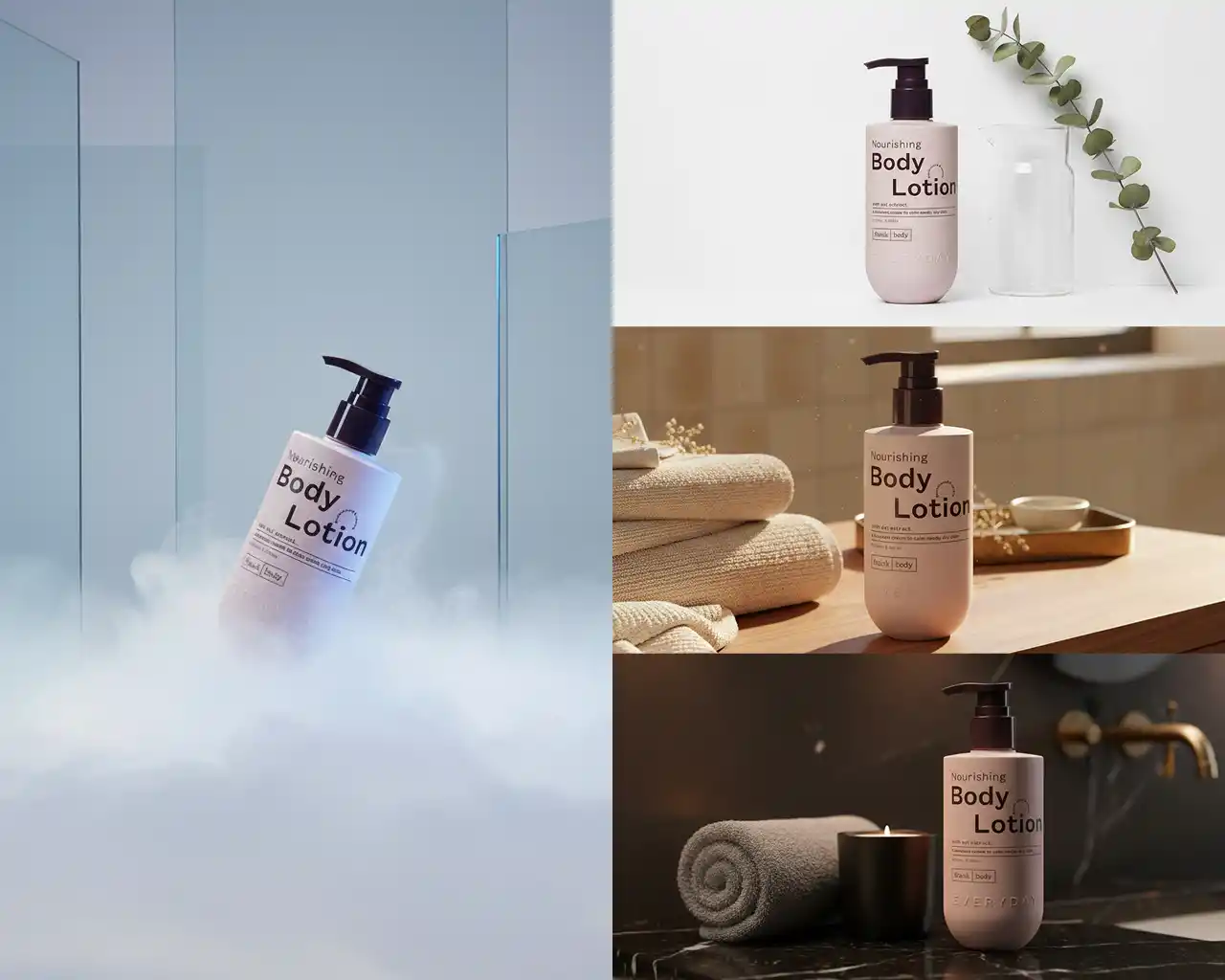 Nourishing Body Lotion: A Sophisticated Four-Scene Showcase of Soft Pink Packaging, Warm Textures, and Refreshing Natural Aesthetics