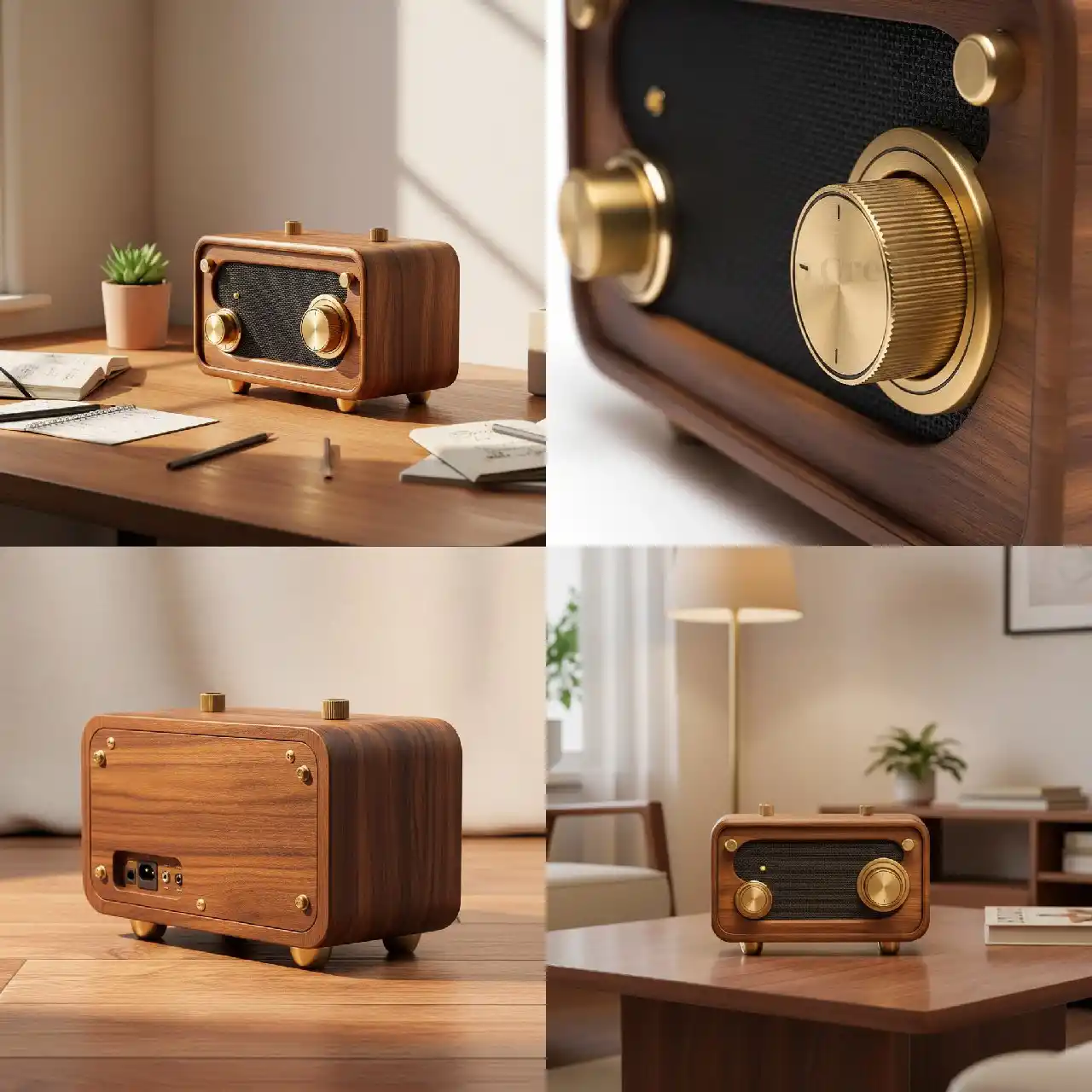 A Vintage Wooden Radio Speaker with Gold Knobs in a Cozy Mid-Century Modern Living Room Setting