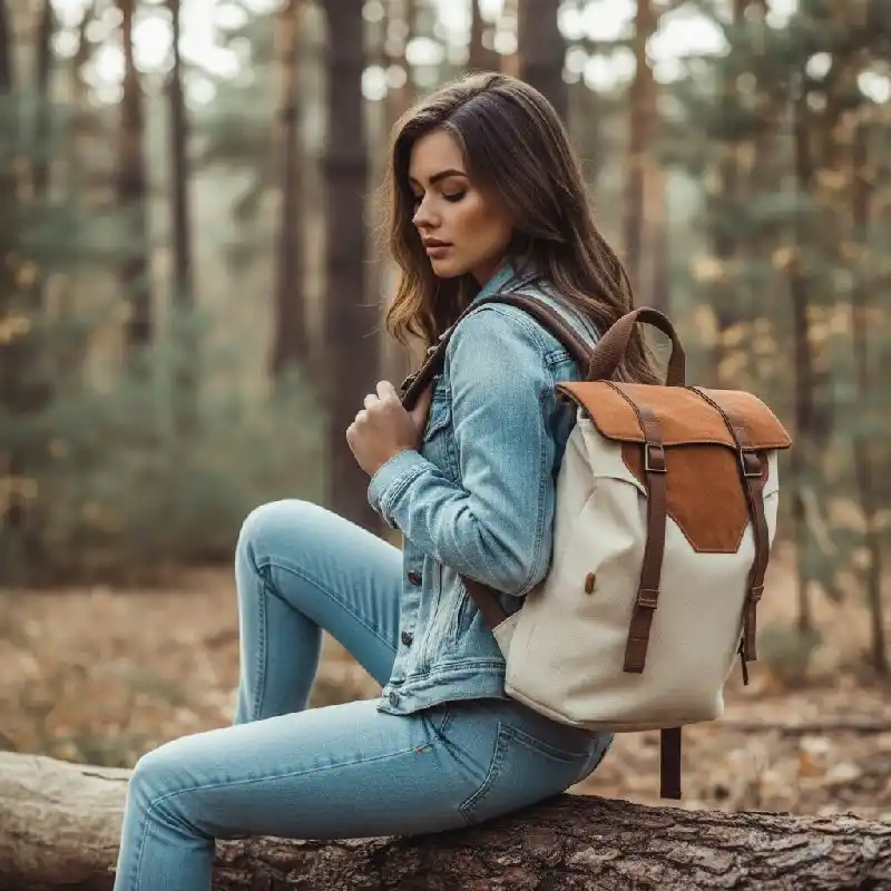 A young woman carrying a hiking backpack, a lightweight outdoor sports backpack product rendering