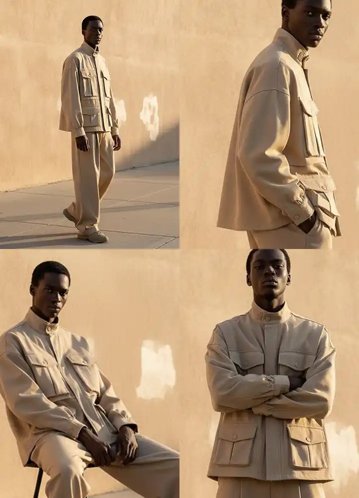 Desert Utility Editorial: A Minimalist, Sand-Toned Collection Highlighting Structured Pockets, Warm Light, and Modern Streetwear Silhouettes