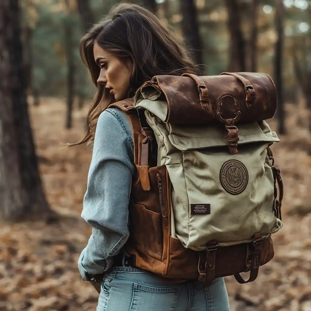 A young woman carrying a hiking backpack, a lightweight outdoor sports backpack product rendering