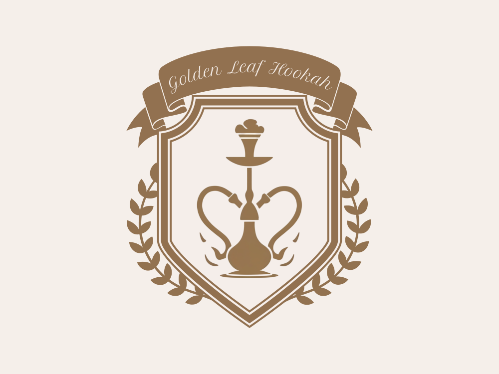 Minimalist symmetrical hookah emblem with central vase, crown bowl, and curling dual hoses on bronze-gold palette, elegant, vector-ready, embossed shading for luxury branding.