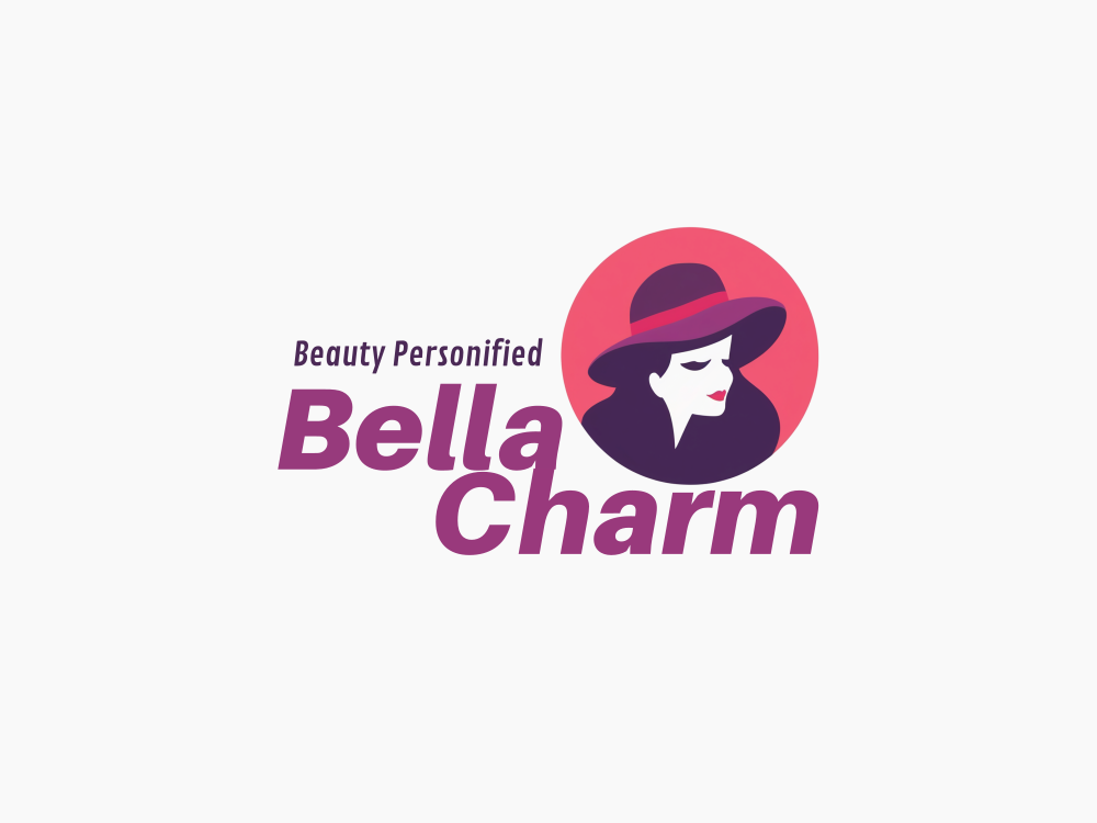 Minimal flat-vector logo: female profile in white, purple hat with pink band, dark purple hair, red lips, on a pink circular gradient badge; chic, retro vibe.